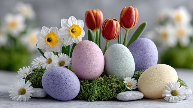 Colorful easter eggs with blooming spring flowers