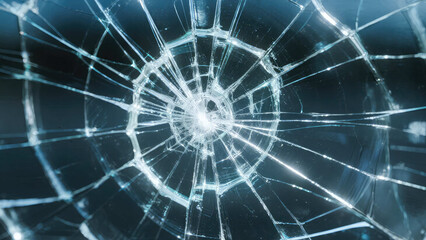 Fototapeta premium Shattered Glass: A close-up, high-definition view of fractured glass, showcasing intricate cracks radiating from a central point, creating a visually striking pattern.