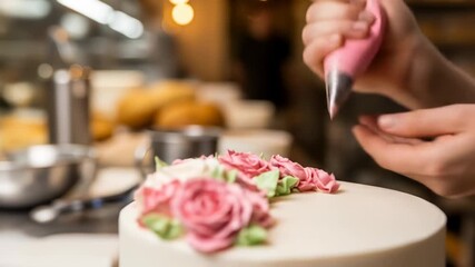 Decorator piping pink roses onto wedding cake