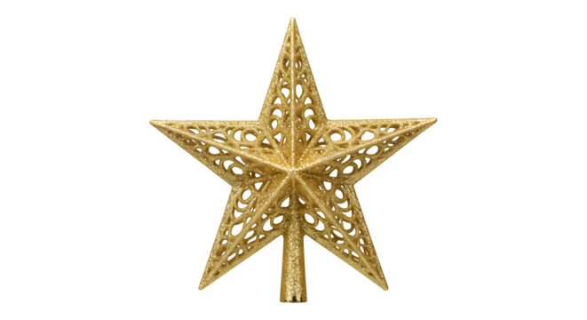 Shimmering gold star ornament shines against black. Perfect for Christmas imagery, greeting cards, or holiday backgrounds.