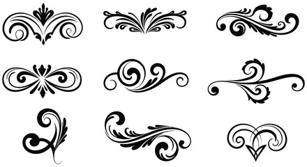 Collection of ornate swirling designs and flourishes in black