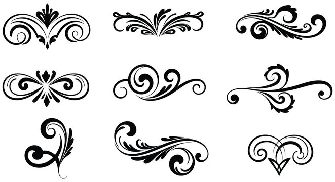 Collection of ornate swirling designs and flourishes in black