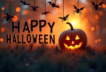 A glowing jack o lantern with happy halloween text and hanging bats in a spooky orange background