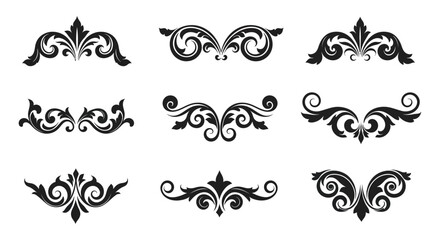 Set of black swirling floral design elements on white background