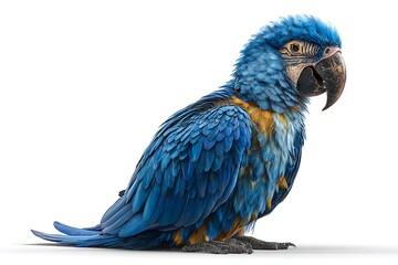 A colorful blue macaw parrot isolated on white background perched on a branch with its vibrant feathers in the tropical jungle