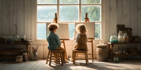 Two children sitting at easels with blank canvases in a school art class.