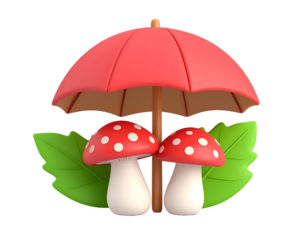 3D Render Cute Mushrooms Under Umbrella