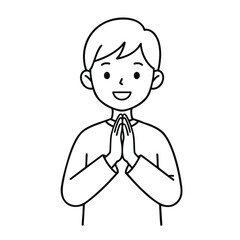 Smiling man with hands pressed together in a gesture of greeting or respect, illustration