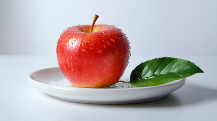 A fresh red apple with a green leaf placed on a white plate
