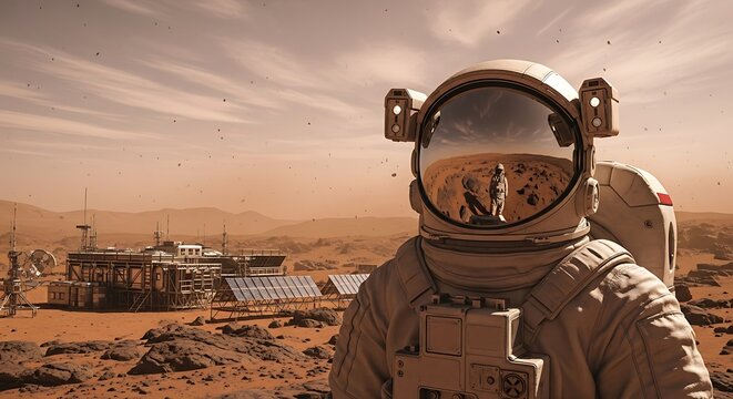 Martian Astronaut in Spacesuit, Martian Base in Background. - Powered by Adobe