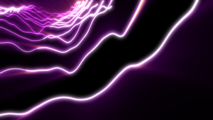 Glowing neon waves of light form abstract terrain in purple tones, radiating energy and futuristic motion