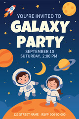 Bright vector vertical invitation to galaxy party with cute boys and girls astronauts, space, rocket, planets, stars. Colorful design for birthday and party in space style