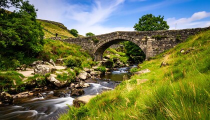 Stone arch bridge over a flowing stream, green hillsides, and a partly cloudy sky