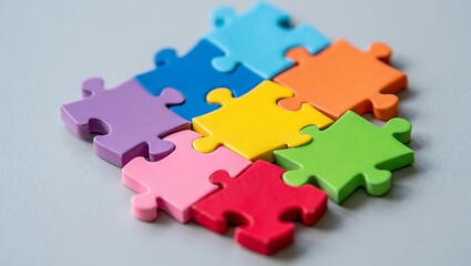Obraz premium Colorful Puzzle Pieces Connected Together – Teamwork and Problem-Solving Concept