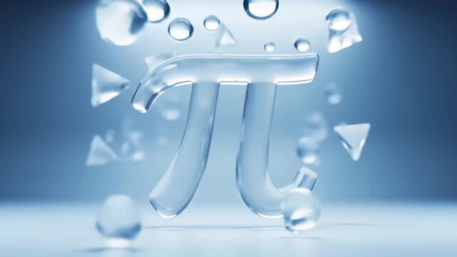 Scientific 3d animation of a glass pi symbol with floating liquid particles on a clean blue background
