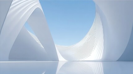 Abstract white curved architecture 3D render with blue sky background, minimalist watercolor-texture art space for interior design proposals, gallery backdrops or premium commercial displays
