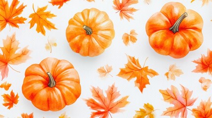 Fototapeta premium Watercolor of autumn elements set with Pumpkins,maple leaves,mushrooms,sunflower,Collection autumn seasonal holidays design,Thanksgiving,Halloween,Handmade art,party posters,decorate your artwork.