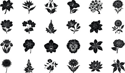 Fototapeta premium Black Floral Silhouette Vector Icons Collection – Decorative Botanical Flowers, Plants, and Nature Clipart Bundle for Logos, Patterns, Invitations, Crafts, and Digital Graphic Design