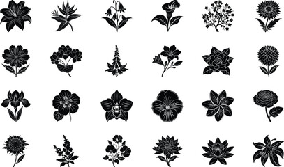 Black Floral Silhouette Vector Icons Collection – Decorative Botanical Flowers, Plants, and Nature Clipart Bundle for Logos, Patterns, Invitations, Crafts, and Digital Graphic Design