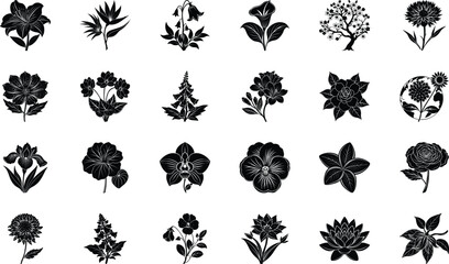 Fototapeta premium Black Floral Silhouette Vector Icons Collection – Decorative Botanical Flowers, Plants, and Nature Clipart Bundle for Logos, Patterns, Invitations, Crafts, and Digital Graphic Design