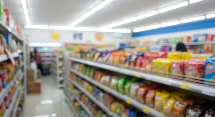A bright, abstract and blurred background of a modern convenience store or supermarket aisle