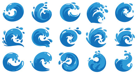 Collection of blue ocean wave icons in various dynamic swirling motions