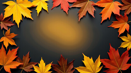 Fototapeta premium Beautiful border of red, orange, and yellow maple leaves on dark background with warm light glow