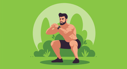 Fit man performing a squat exercise outdoors surrounded by lush greenery, promoting health and fitness lifestyle