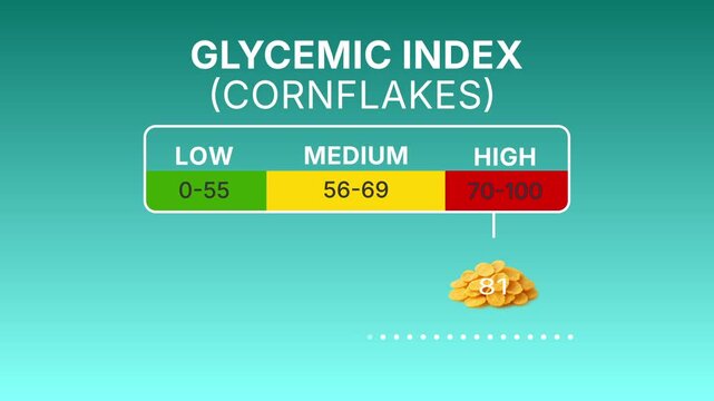 Animated infographic showing glycemic index of cornflakes with moving scale. Perfect for health, diet, nutrition, and medical projects