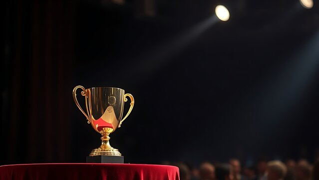 A golden trophy under spotlight, representing achievement and celebration.