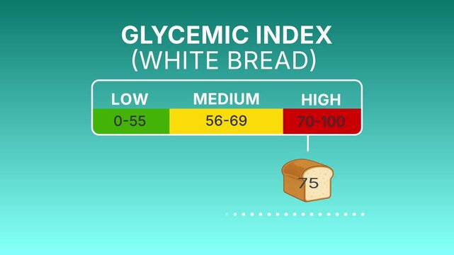 Animated infographic showing glycemic index of white bread with moving scale. Perfect for health, diet, nutrition, and medical projects