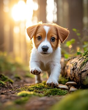 Cute puppy playing in a sunlit forest.