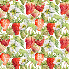 Strawberry ripe garden berries, flowers in water dew drops hand drawn in watercolor. Seamless isolated banner garland. Home preserves, textile fabrics, food store decor, recipe book, dessert menu