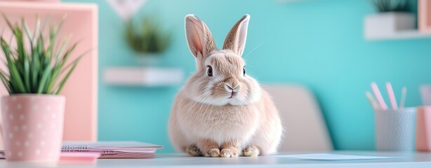 Cute rabbit sitting on a colorful desk.
