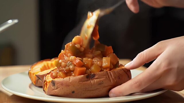 Steaming Vegetable Stew Being Spooned into a Baked Sweet Potato on White Plate Displaying Warm Colors and Healthy Comfort Food Composition Perfect for Food Blogs and Cooking Tutorials Presentation