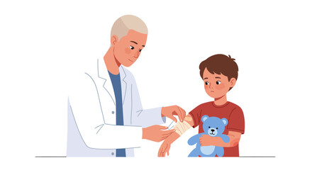 A compassionate male doctor gently bandages the arm of a young boy, providing essential first aid and medical care, emphasizing a comforting and supportive healthcare experience for children.