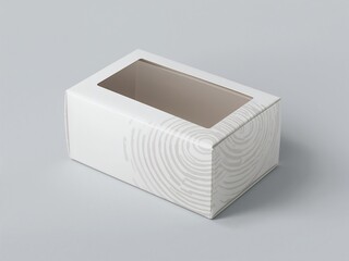 An empty white pastry box with a transparent window and a subtle pattern. A mockup for a bakery, cake, or donut packaging.