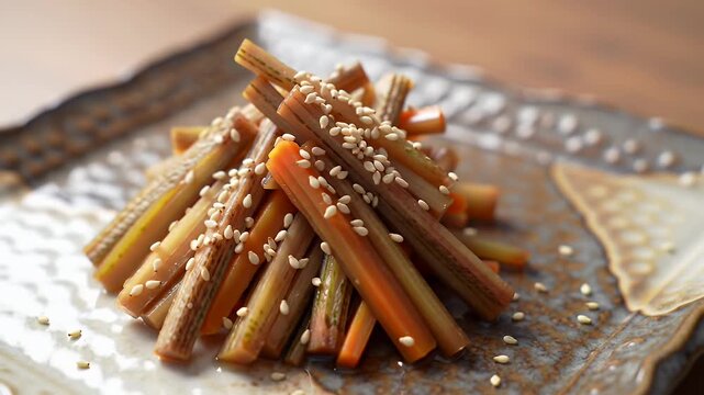 Traditional Japanese Kinpira Gobo Dish Featuring Saut?ed Burdock Root And Carrot Topped With Sesame Seeds Served On A Ceramic Plate With Wooden Background Ideal For Decoration
