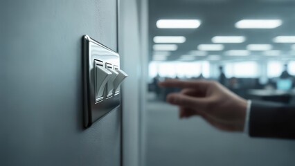 Close-up of Hand Activating Sleek Light Switch in Modern Office, Emphasizing Energy Efficiency
