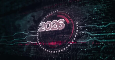 2026 year new futuristic neon symbol abstract digital concept. Global network and cyber technology background seamless and looped 3d animation. - Powered by Adobe