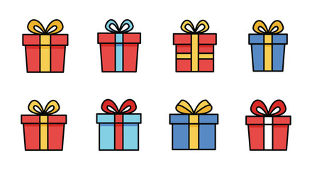 Collection of colorful gift boxes with ribbons and bows for celebration