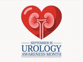 September is urology awareness month featuring a stylized heart with kidneys inside promoting health
