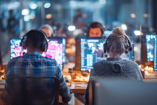 Tech support professionals assisting customers over the phone, surrounded by multiple glowing screens in a modern, tech-driven environment.
