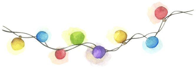 Colorful Watercolor Light Garland Christmas Decoration Hanging Bulb Festive String Border Seasonal Illustration