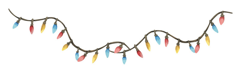 Colorful Watercolor Light Garland Christmas Decoration Hanging Bulb Festive String Border Seasonal Illustration © Khaneeros
