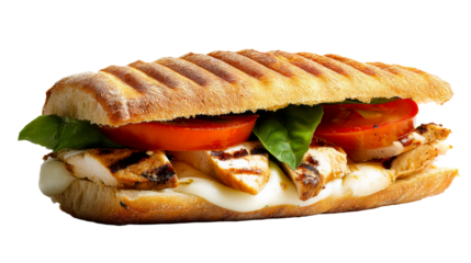 Grilled Chicken Mozzarella Tomato Basil Sandwich on Ciabatta Bread