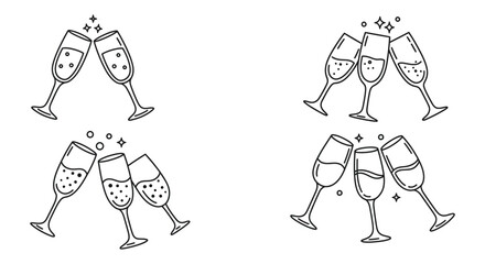 Champagne Glasses Toasting Celebration Hand Drawn Vector Illustration Set