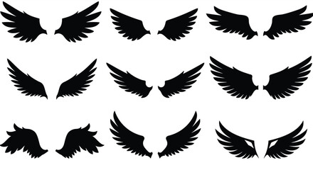 Collection of black bird wing silhouettes in various positions and shapes