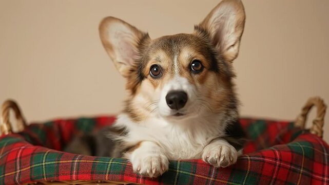 Corgi dog inside a plaid basket with large ears and paws on the basket edge