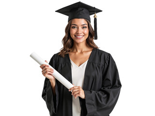 Beautiful woman in a graduation gown holding a diploma isolated on transparent background